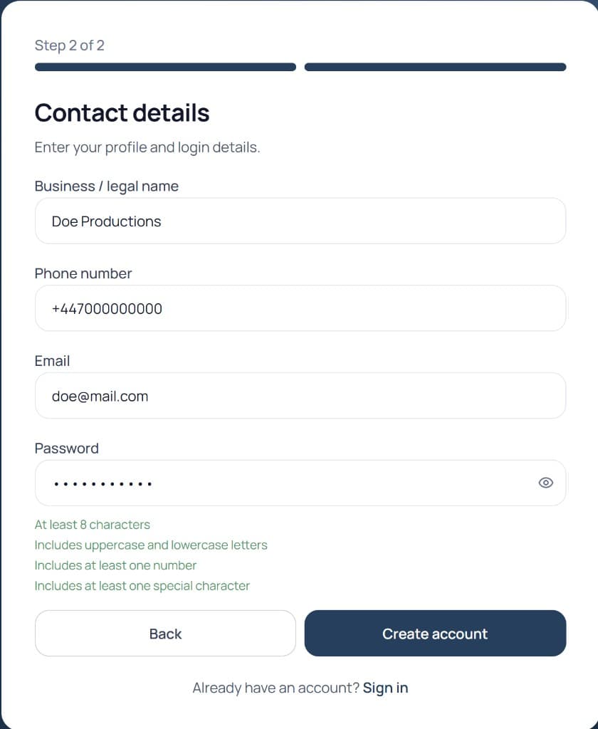 Makola sign-up form showing contact details, step 2 of 2