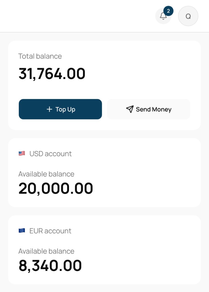Makola app dashboard showing total balance, USD account, and EUR account